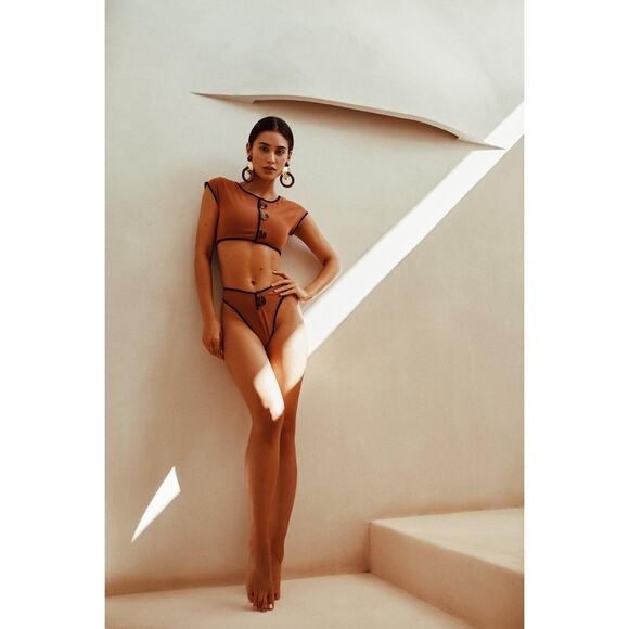 New Same Los Angeles Grace Bikini Bottom Burnt Sienna Black Small High Cut - Picture 1 of 9